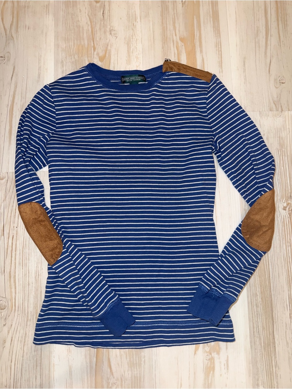 Lauren Jean Co Ralph Lauren Striped Blue & White Top Brown Elbow Patches Euc XS
